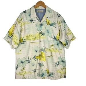 Tommy Bahama 100% Silk Hawaiian Shirt Mens Large Blue Green Floral Tropical Camp